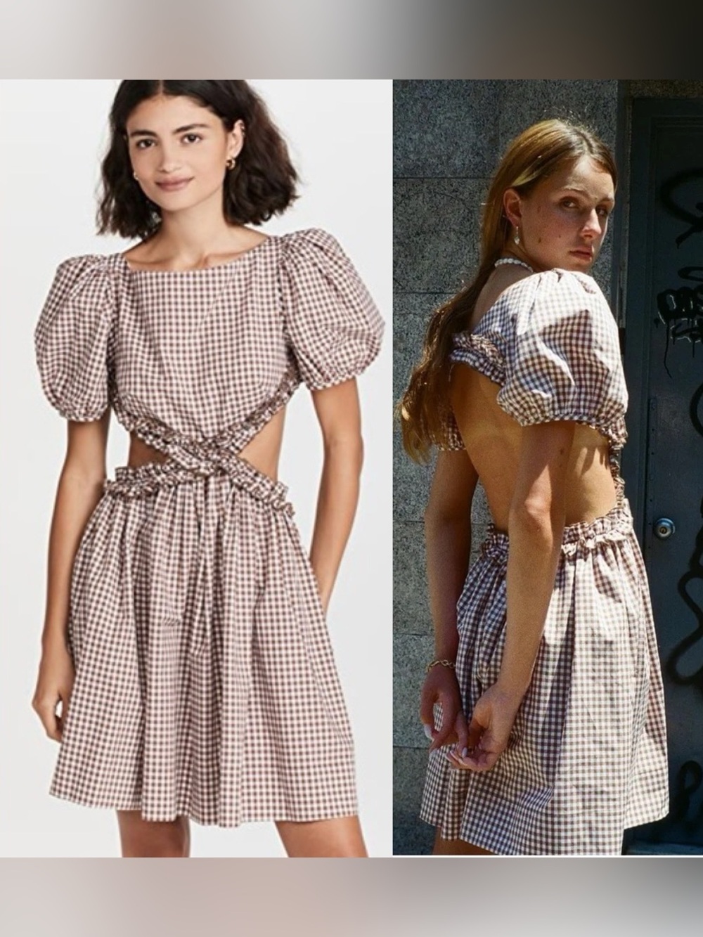 Sandy Liang Wolff Dress Brown White Gingham Size 2 Cotton Puff Sleeve Cutout